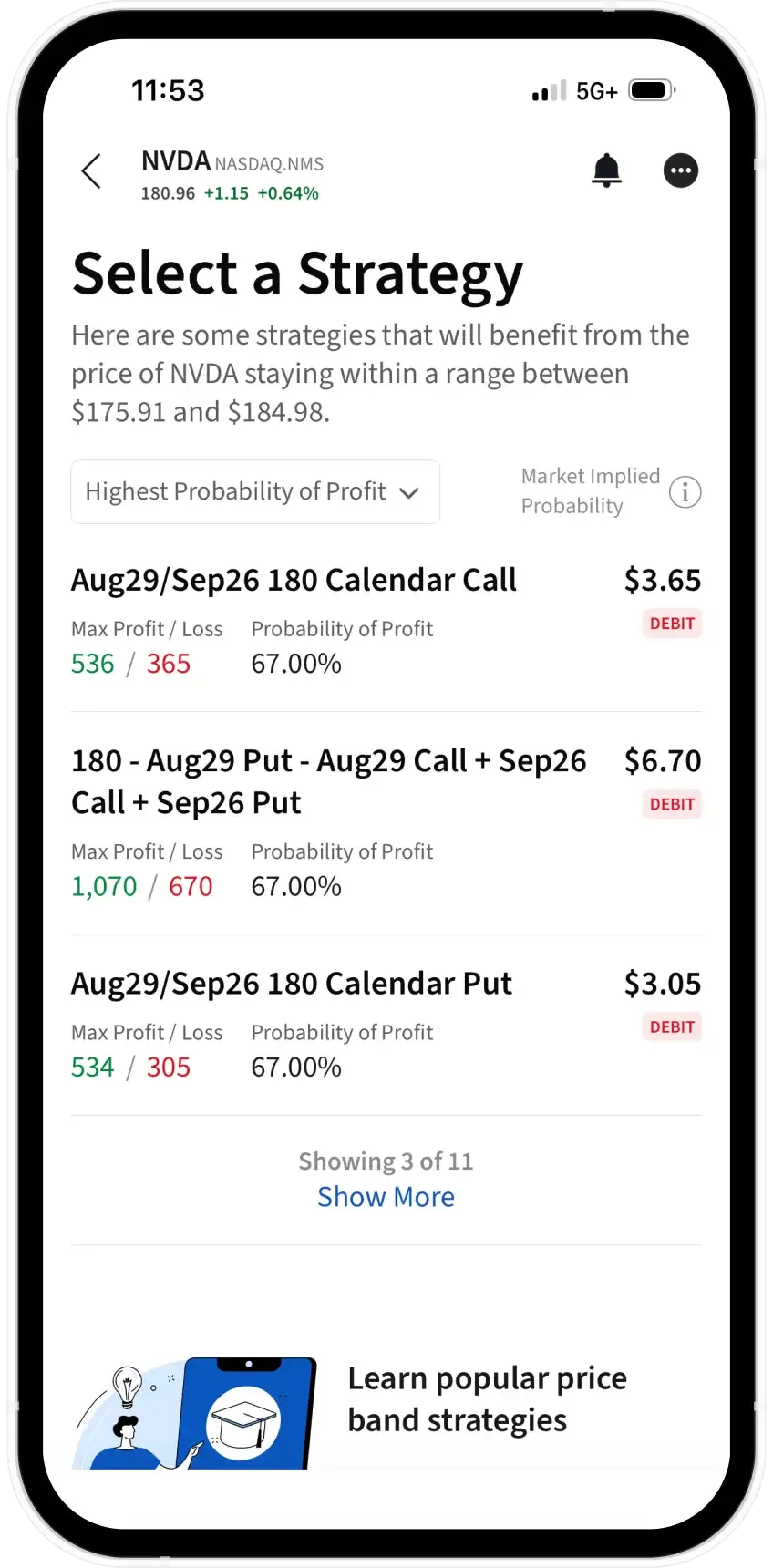 Option Wizard interface on listing potential strategies